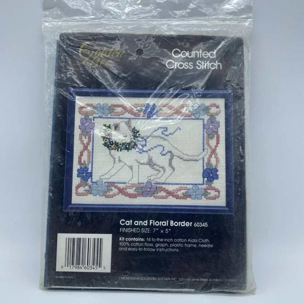 Golden Bee Counted Cross Stitch Kit Cat Floral Border 60345 Embroidery 7x5 NOS
